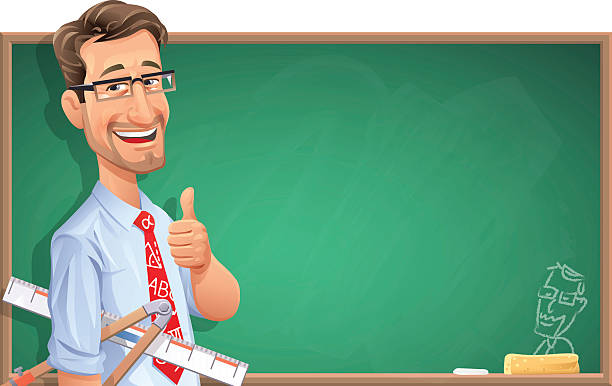 A vector illustration of a teacher in front of blackboard
